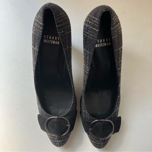 Stuart Weitzman Buckleup Tattersall Pump Blue Plaid Check Upper Velvet Leather
